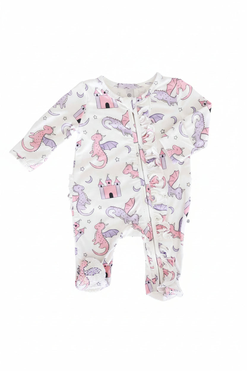 Dragon Adventure Ruffle Zipper Footie | Pink
