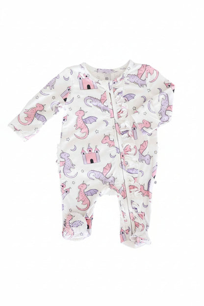 Dragon Adventure Ruffle Zipper Footie | Pink