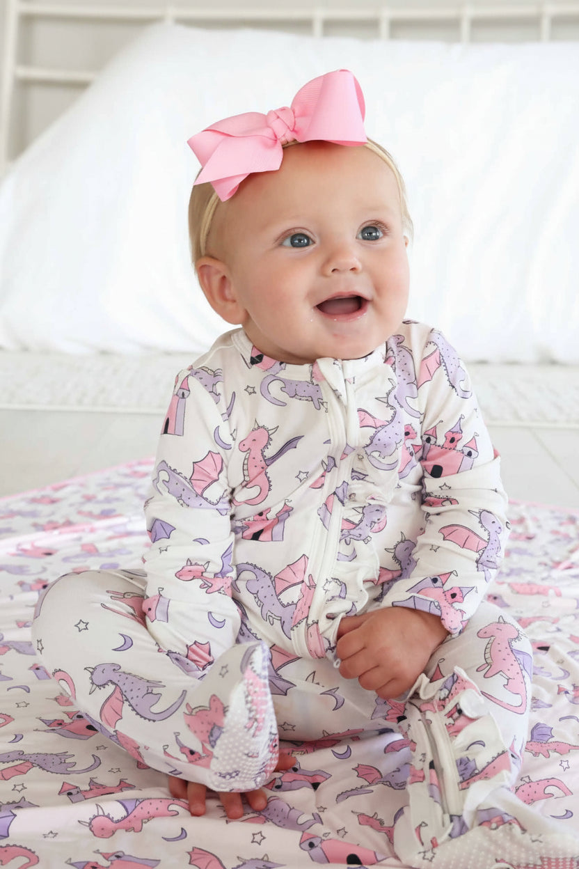 Dragon Adventure Ruffle Zipper Footie | Pink