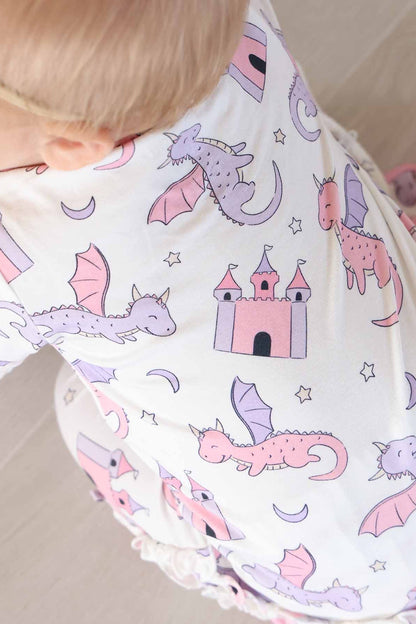 Dragon Adventure Ruffle Zipper Footie | Pink