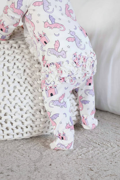 Dragon Adventure Ruffle Zipper Footie | Pink