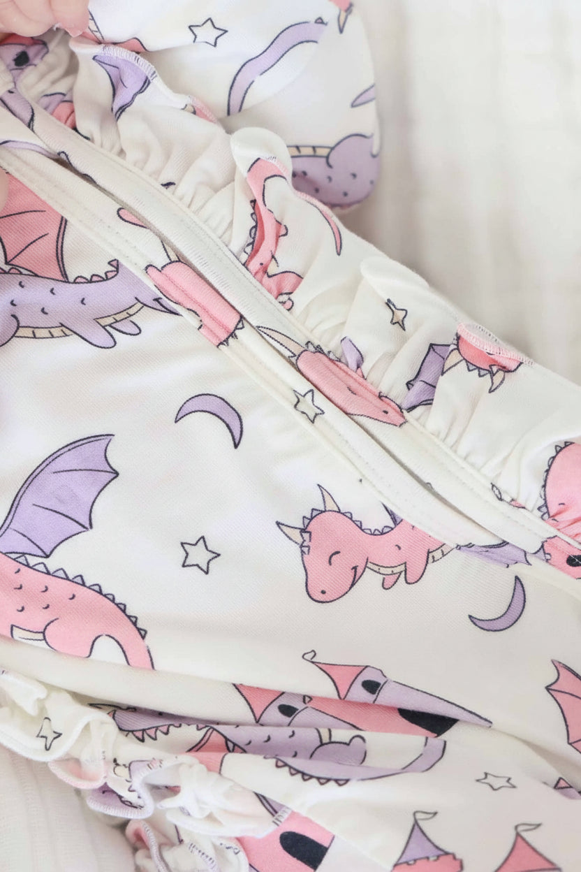 Dragon Adventure Ruffle Zipper Footie | Pink