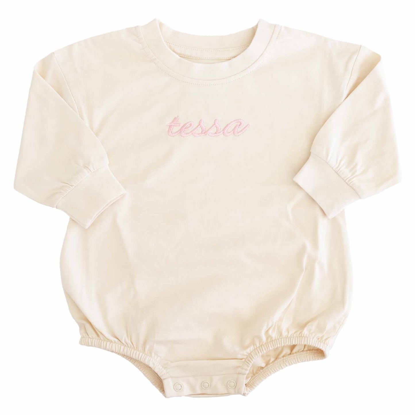 Embroidered Script Name Long Sleeve Bubble Romper | Natural