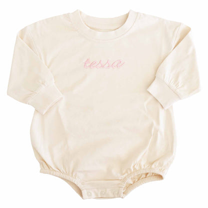 Embroidered Script Name Long Sleeve Bubble Romper | Natural