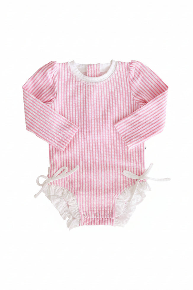 Long Sleeve Rash Guard with Ruffle Bottom | Seersucker Dusty Pink