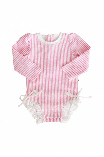 Long Sleeve Rash Guard with Ruffle Bottom | Seersucker Dusty Pink