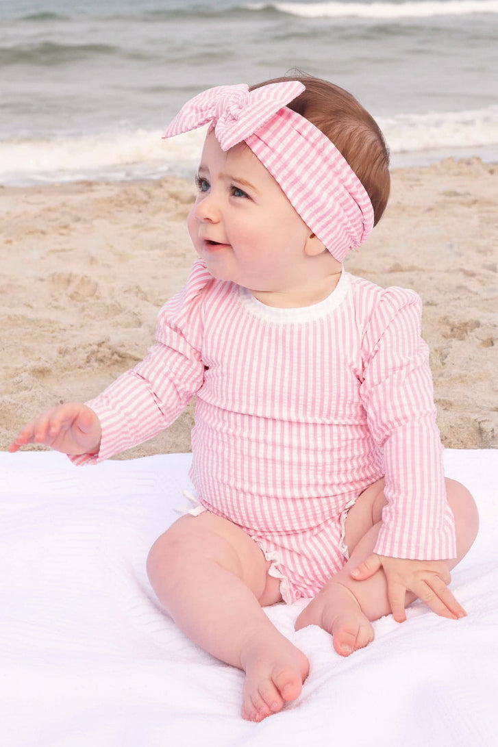 Long Sleeve Rash Guard with Ruffle Bottom | Seersucker Dusty Pink