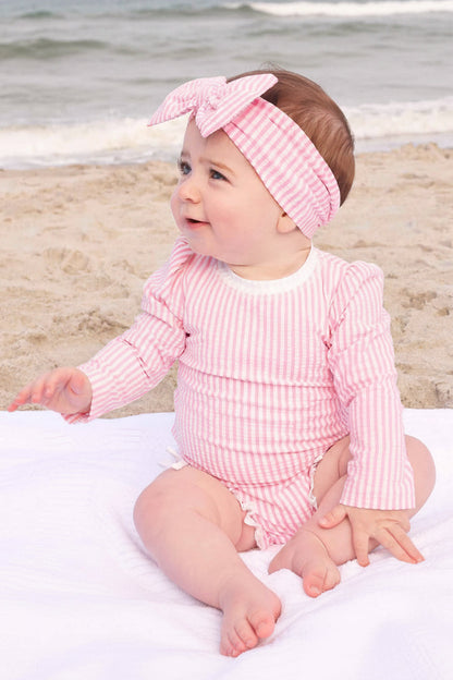 Long Sleeve Rash Guard with Ruffle Bottom | Seersucker Dusty Pink