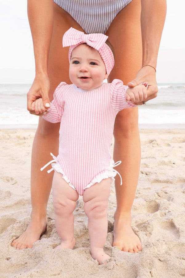 Long Sleeve Rash Guard with Ruffle Bottom | Seersucker Dusty Pink