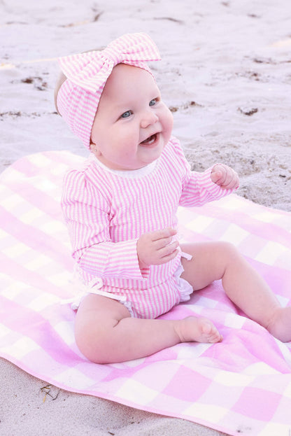 Long Sleeve Rash Guard with Ruffle Bottom | Seersucker Dusty Pink