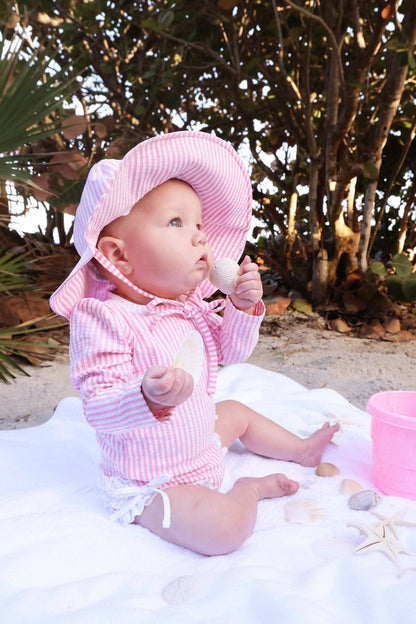 Long Sleeve Rash Guard with Ruffle Bottom | Seersucker Dusty Pink