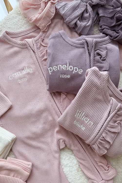 Embroidered Bamboo Waffle Zipper Ruffle Footies | In Bloom