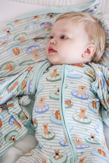 Double Sided Bamboo Blanket | Poolside Pups Blue