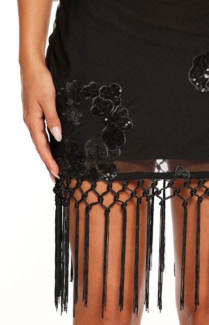 Rhani Black Sequin Tassel Cowl Mini Dress