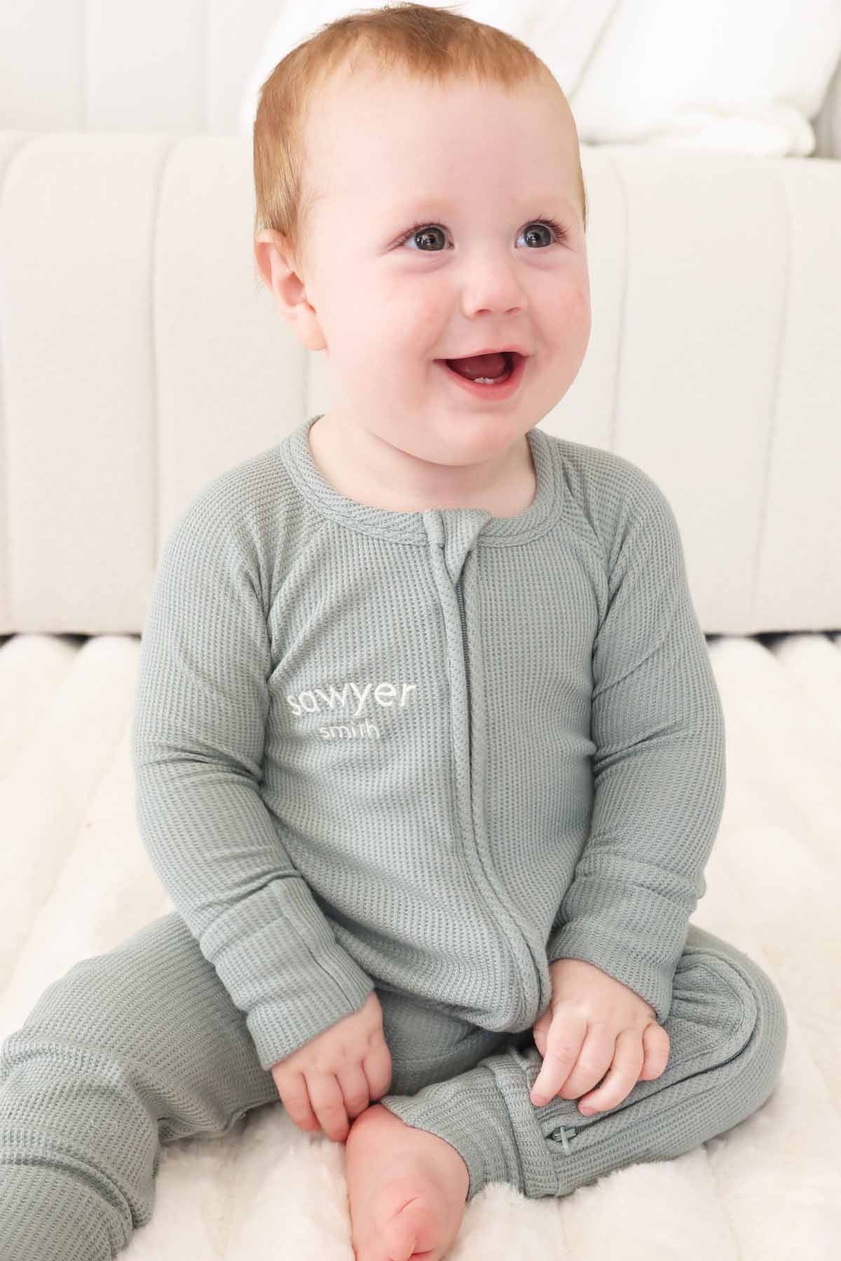 Embroidered Bamboo Waffle Convertible Zip Rompers | Mountain Haze