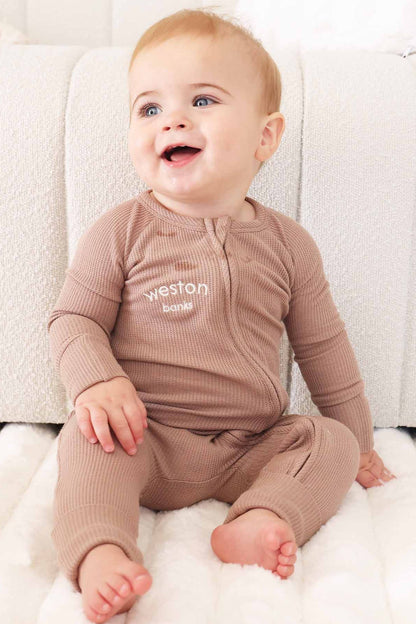 Embroidered Bamboo Waffle Convertible Zip Rompers | Mountain Haze