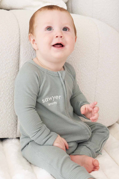 Embroidered Bamboo Waffle Convertible Zip Rompers | Mountain Haze