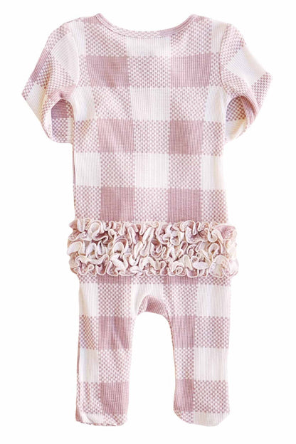 Big Check Bamboo Waffle Zipper Ruffle Footie | Rosy