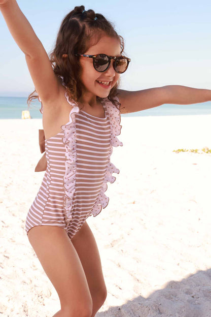 Double Ruffle Bow Back One Piece | Sandy Stripes