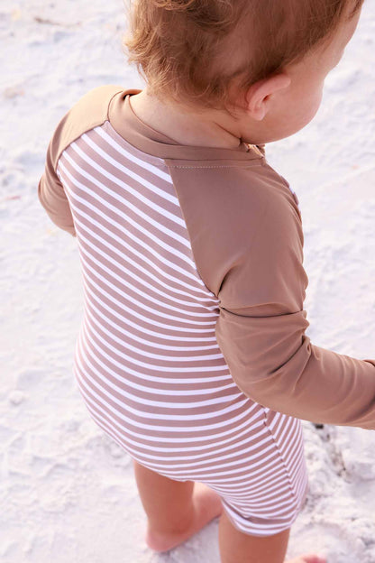 Long Sleeve Rash Guard Swim Romper Shortie | Sandy Stripes