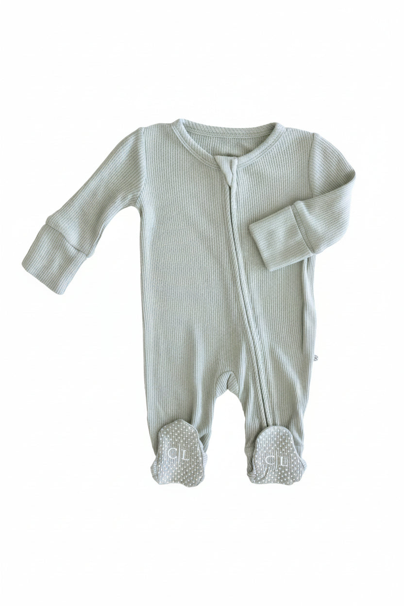 Embroidered Bamboo Waffle Zipper Footie | Seagrass