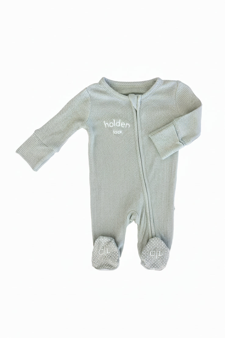 Embroidered Bamboo Waffle Zipper Footie | Seagrass