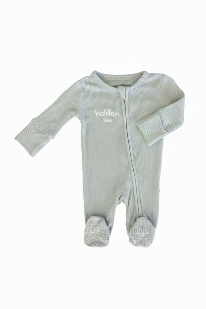 Embroidered Bamboo Waffle Zipper Footie | Seagrass