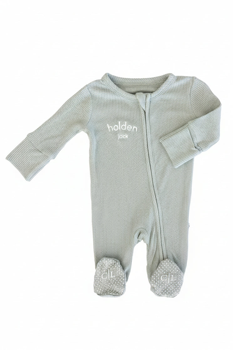 Embroidered Bamboo Waffle Zipper Footie | Mountain Haze