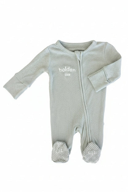 Embroidered Bamboo Waffle Zipper Footie | Mountain Haze