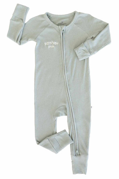 Embroidered Bamboo Waffle Convertible Zip Romper | Seagrass