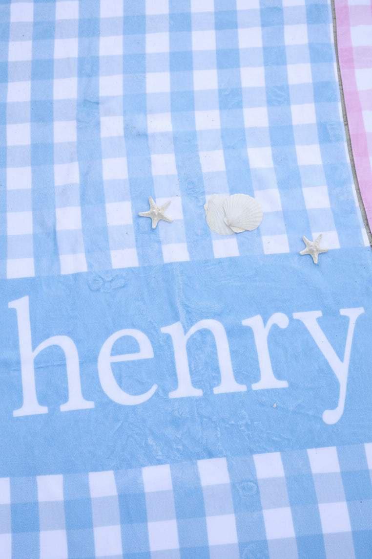 Personalized Kids Beach Towel | Blue Seersucker