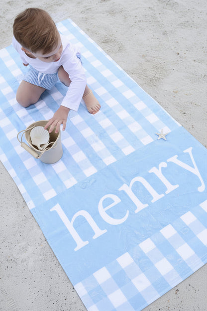 Personalized Kids Beach Towel | Blue Seersucker