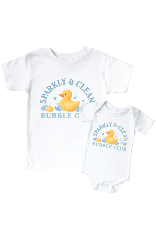 Bubble Club Blue Graphic Bodysuit & Kids Tee | White