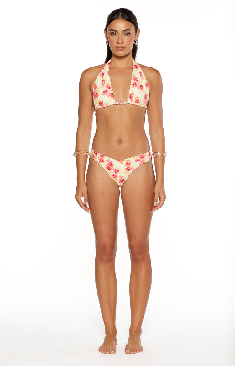 Sunbeam Yellow and Pink Floral Print Halter Bikini Top