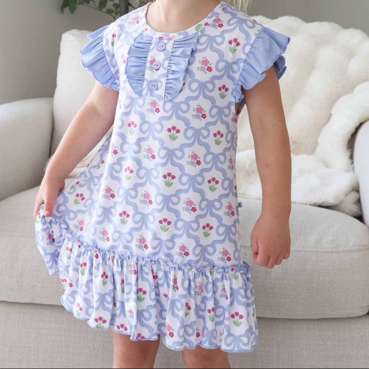 Girls' Flutter Sleeve Nightgown | Tied In Tulips
