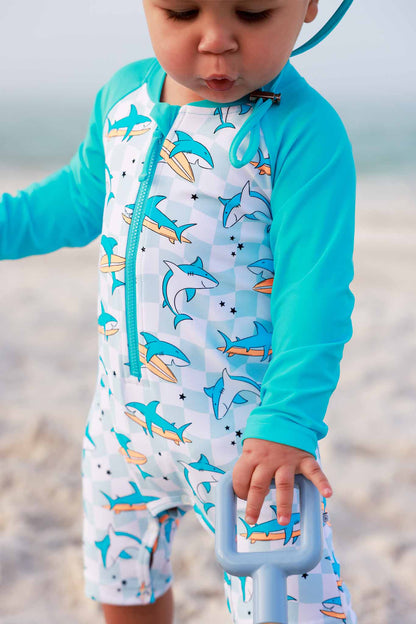 Long Sleeve Rash Guard Swim Romper Shortie | Totally Jawsome