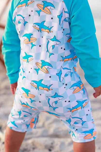 Long Sleeve Rash Guard Swim Romper Shortie | Totally Jawsome