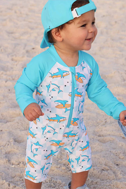 Long Sleeve Rash Guard Swim Romper Shortie | Totally Jawsome