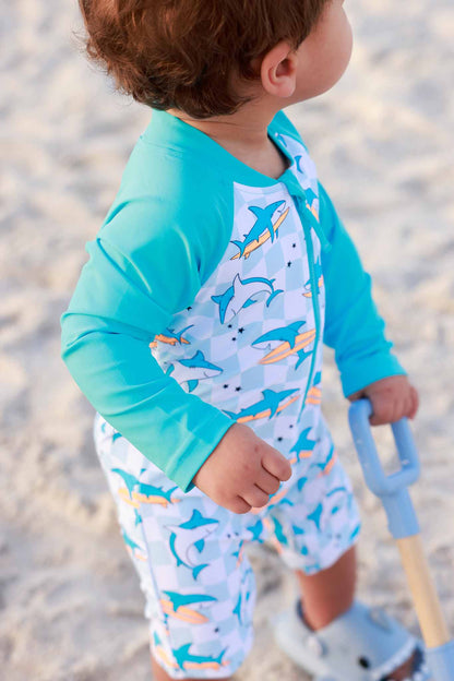 Long Sleeve Rash Guard Swim Romper Shortie | Totally Jawsome