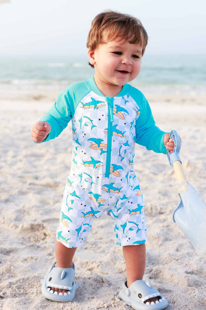 Long Sleeve Rash Guard Swim Romper Shortie | Totally Jawsome