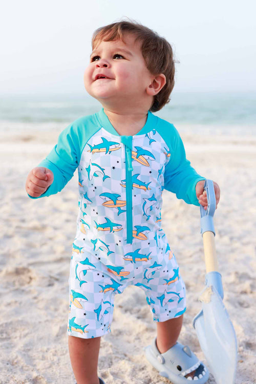 Long Sleeve Rash Guard Swim Romper Shortie | Totally Jawsome