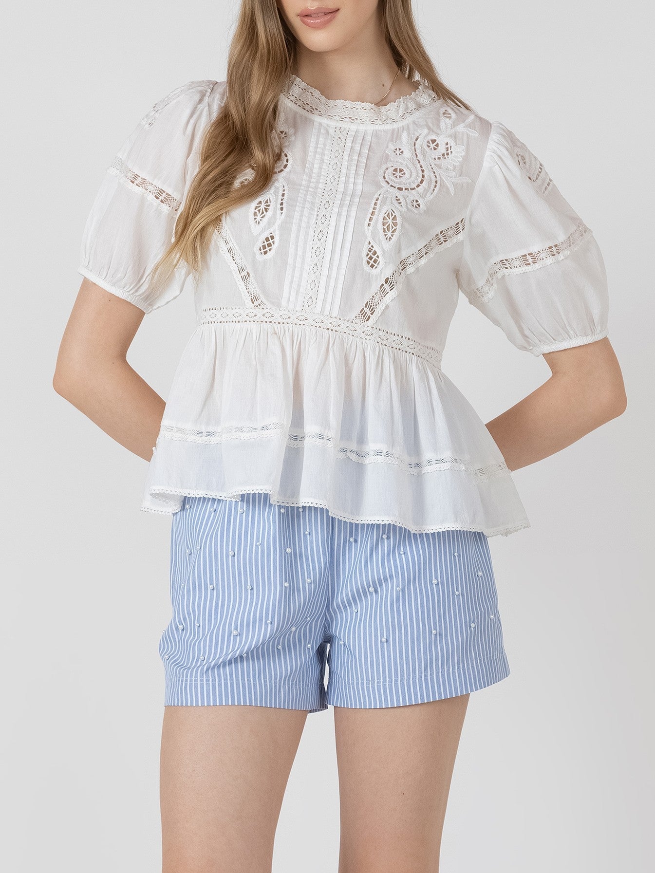 BLACK TAPE Short Sleeve Embroidered Peplum Blouse