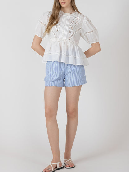 BLACK TAPE Short Sleeve Embroidered Peplum Blouse
