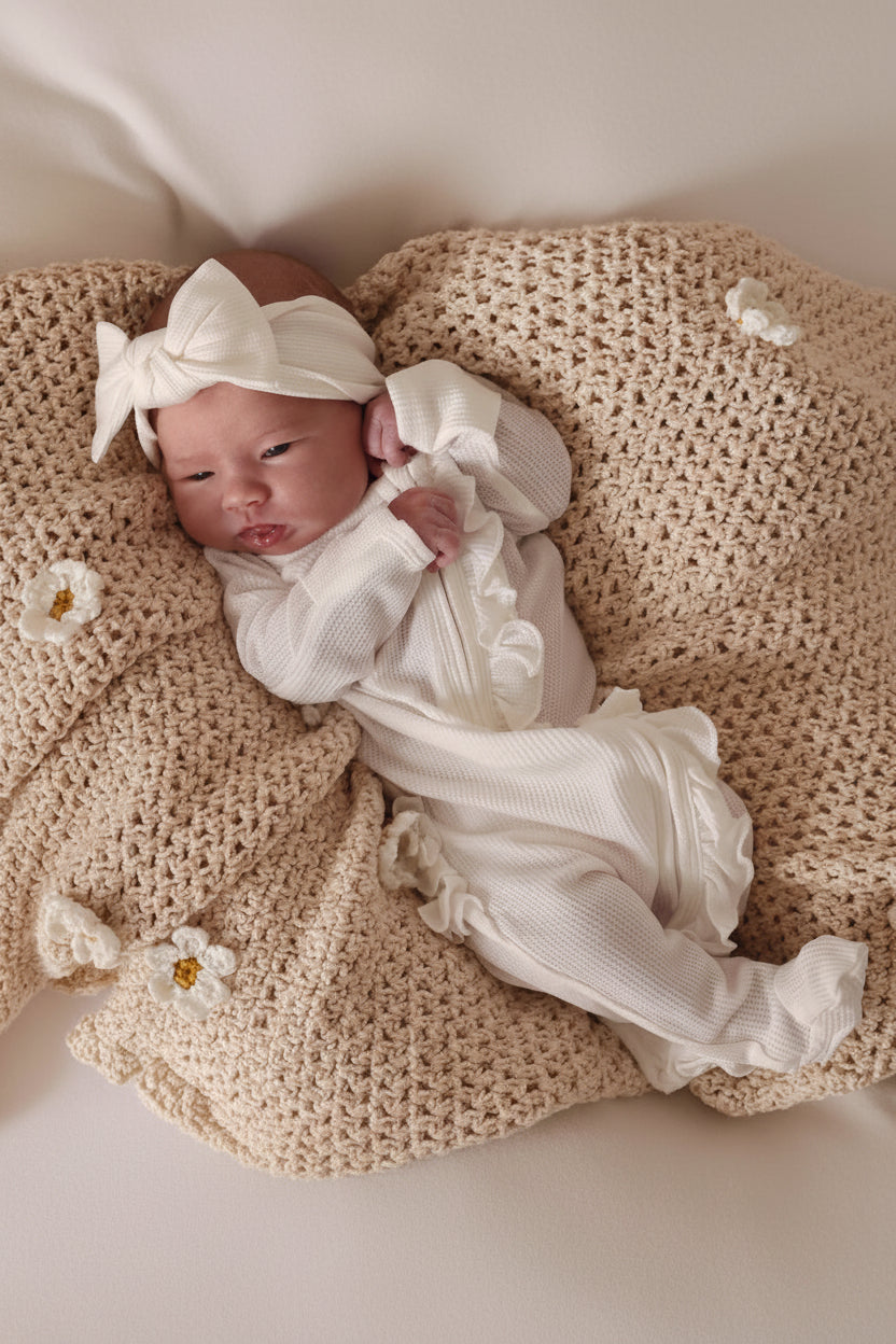 Cloud White Bamboo Waffle Ruffle Zipper Footie