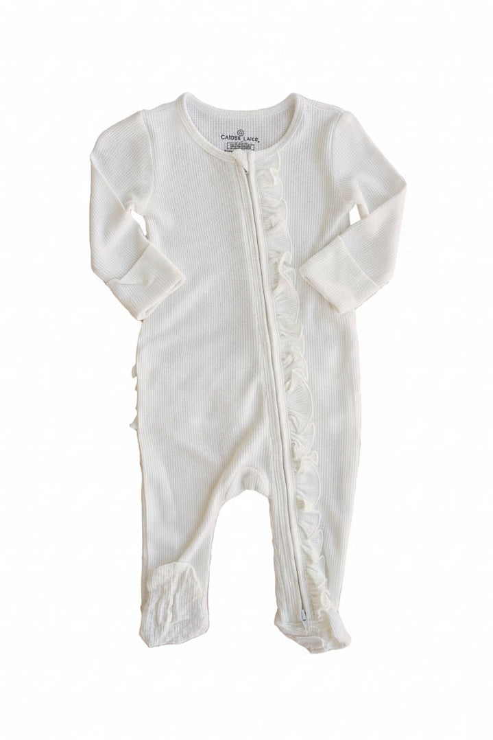 Cloud White Bamboo Waffle Ruffle Zipper Footie