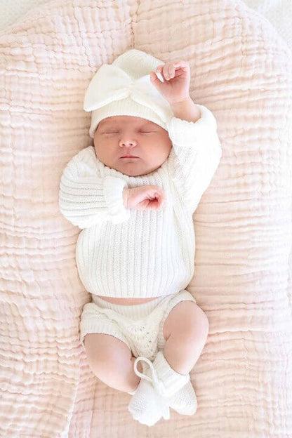 Knit Newborn Bow Booties | Light Ivory